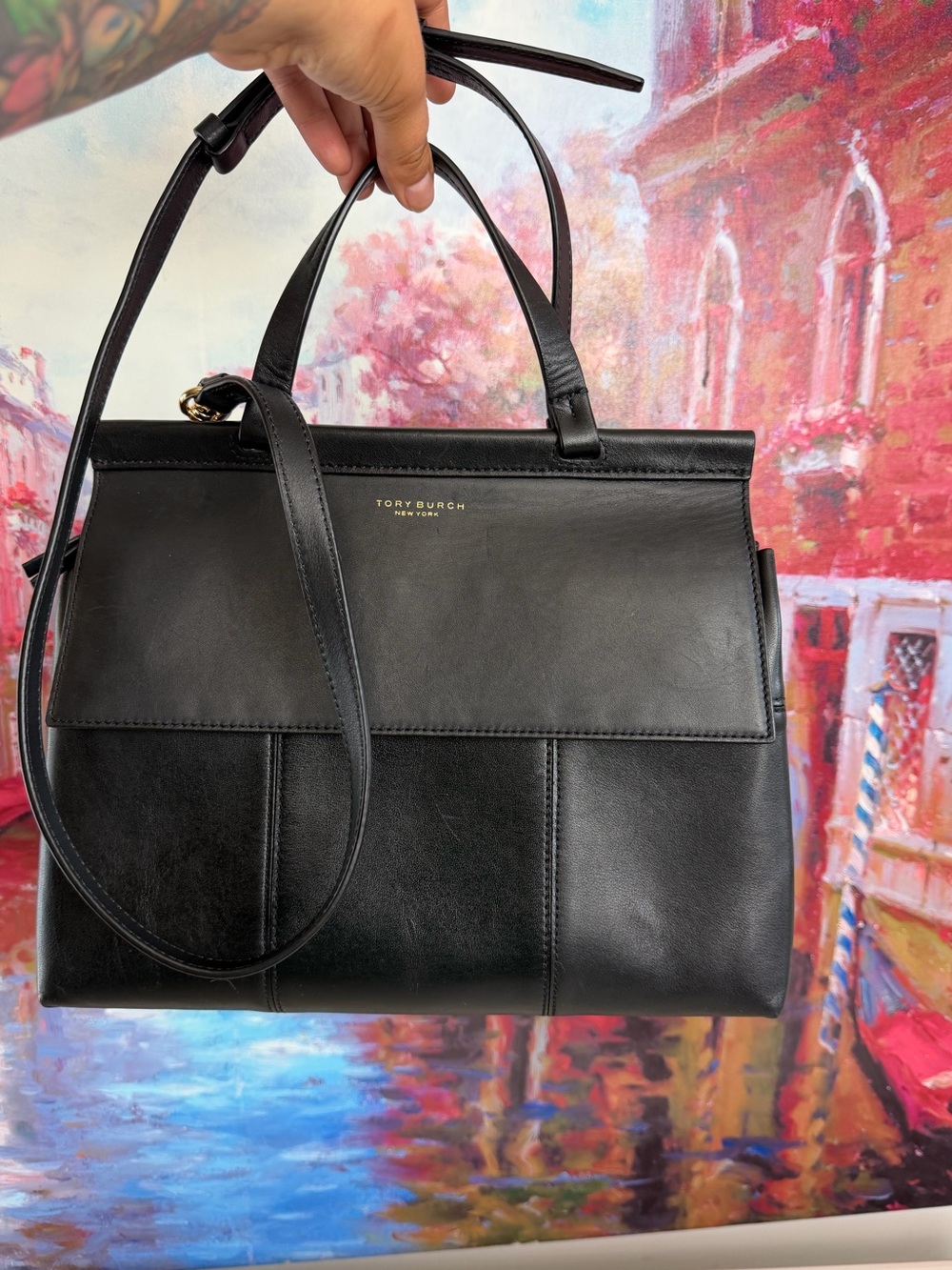 Tory Burch Block-T Black Leather Satchel Top Handle Crossbody Bag